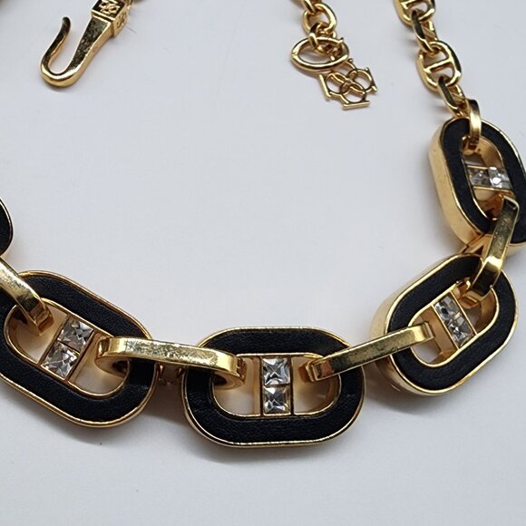 Ann Taylor Bracelet & Necklace Set Inlay Black Leather Gold Tone Chunky Chain VT - Picture 7 of 9